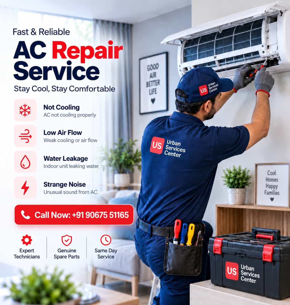 Professional appliance repair technician repairing a air conditions at a customer's home