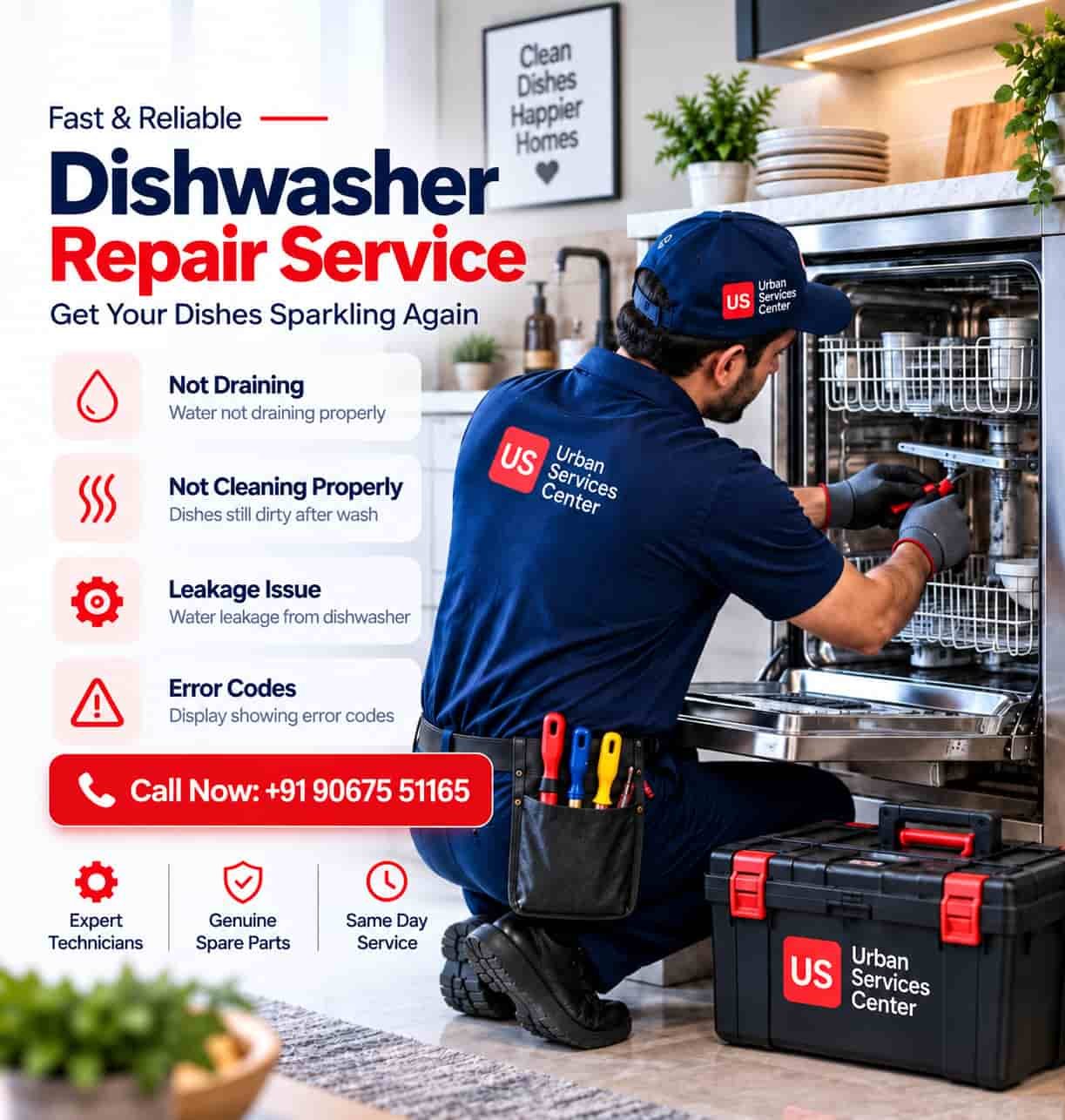 Professional appliance repair technician repairing a dishwasher at a customer's home